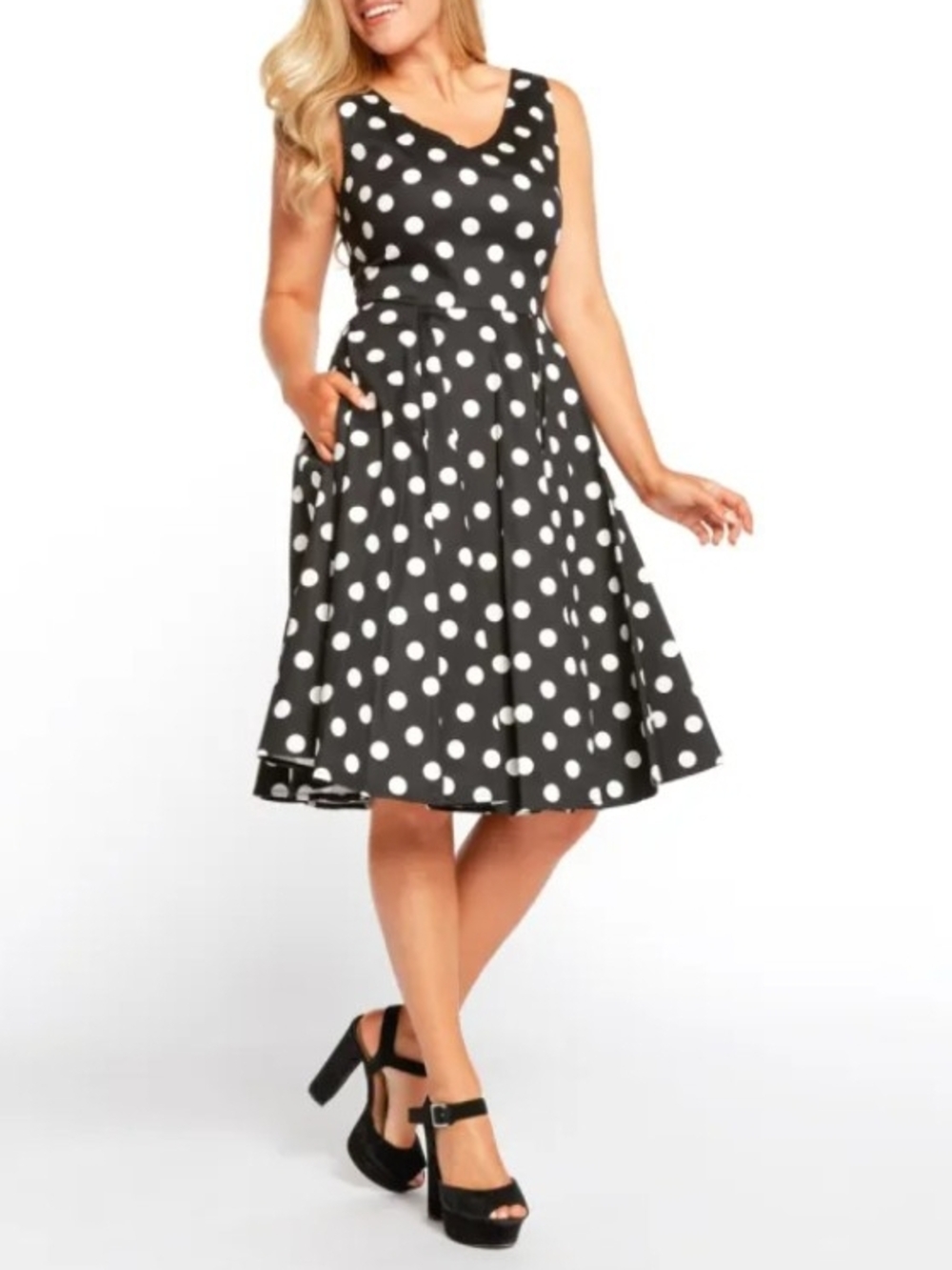 Sleeveless Black White Polka Dot 50s Fit-and-Flare Dress Rockabilly Pin-up Retro